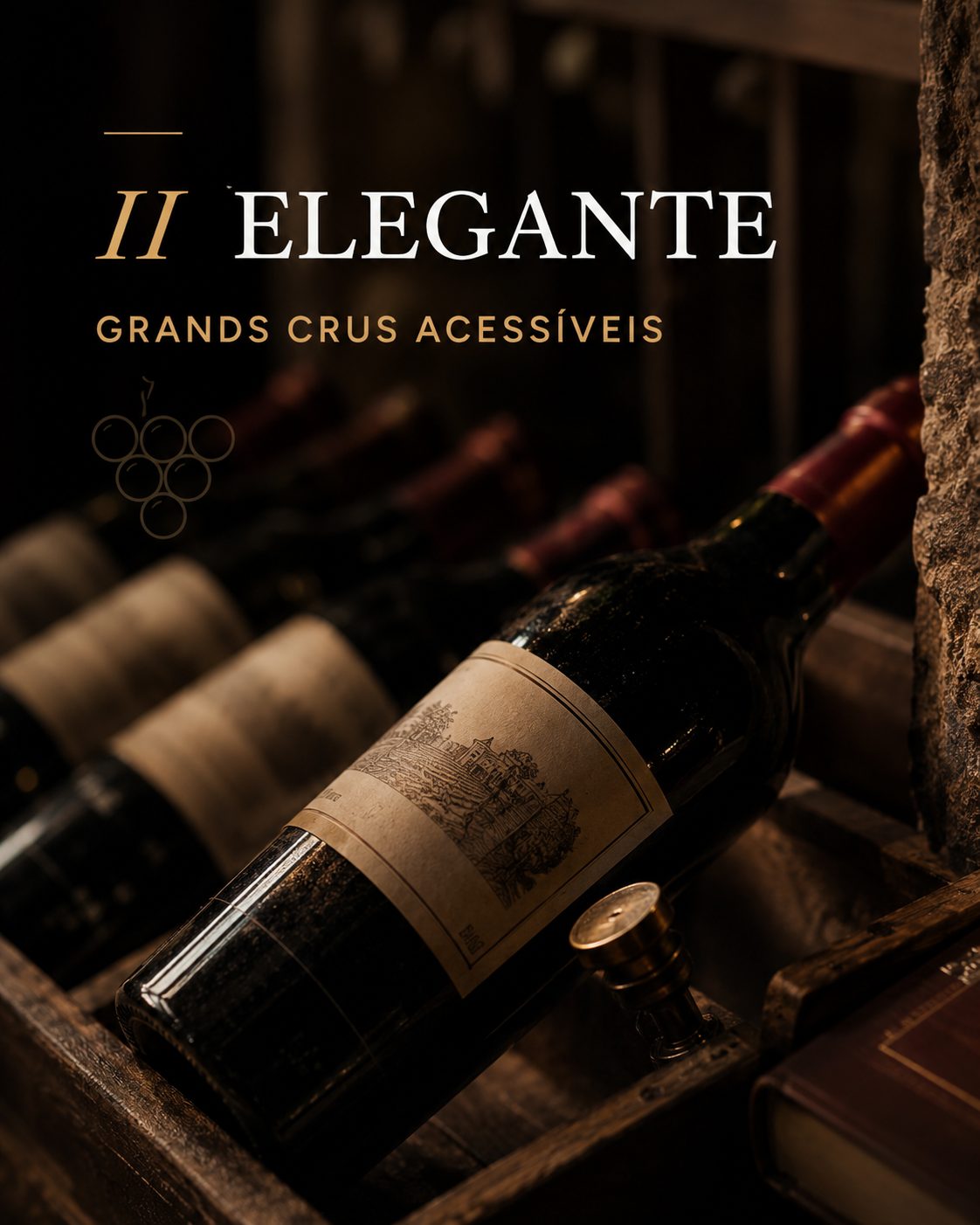 Coleção II — Elegante: Grands Crus acessíveis. Garrafas repousando em adega de madeira
