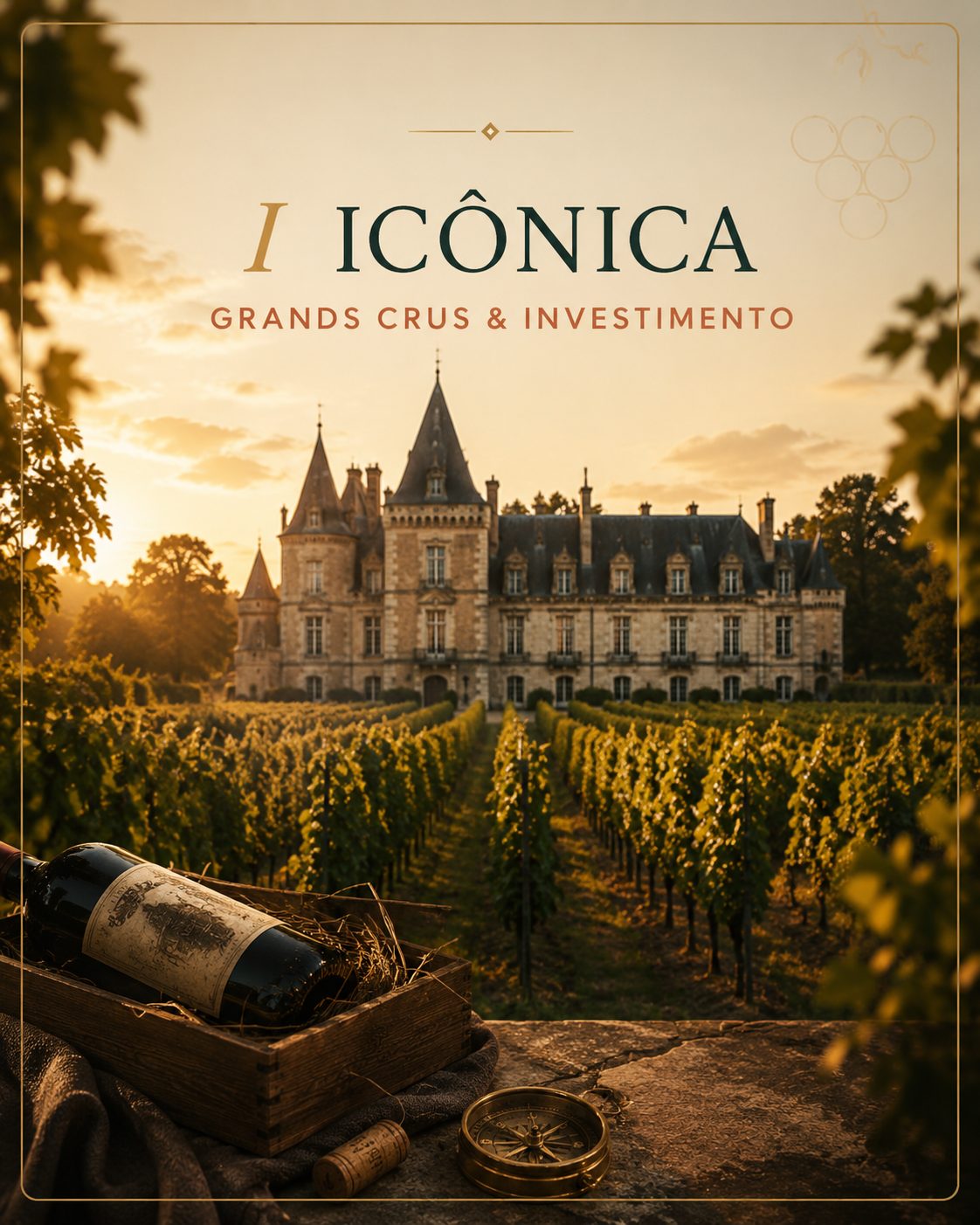 Coleção I — Icônica: Grands Crus e investimento. Château entre vinhedos ao pôr do sol