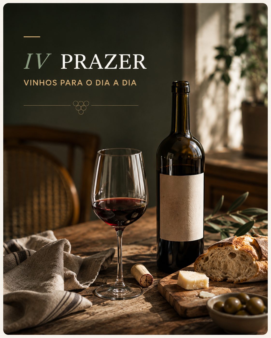 Coleção IV — Prazer: vinhos para o dia a dia. Mesa rústica com vinho, pão e azeitonas